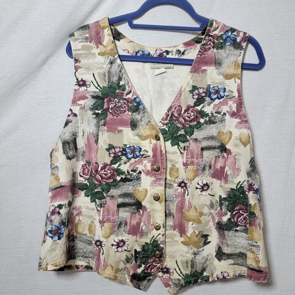 Stampede Jackets & Blazers - Vtg 90s STAMPEDE Women's Floral Denim Vest Button Front USA- Large Cottagecore